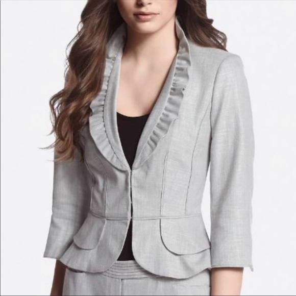 White House Black Market Jackets & Blazers - WHBM LIGHT GRAY RUFFLE COLLAR PEPLUM SUIT BLAZER size 2